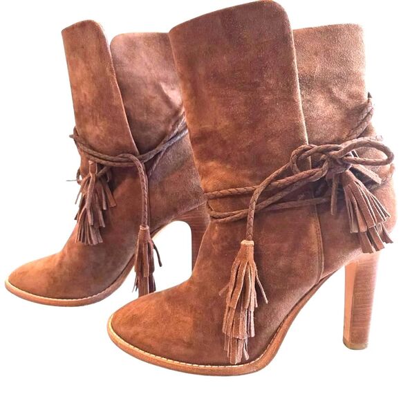 Joie Suede Booties Women's Boots Chestnut Brown Tassle Tie Heels 39.5 8.5-9 - Picture 1 of 8